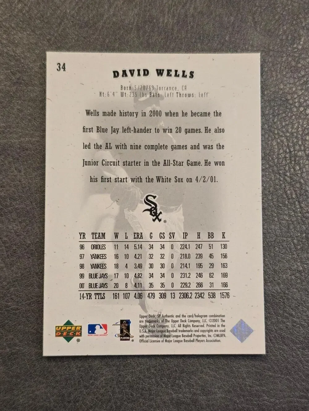 2001 SP Authentic #34 David Wells Baseball Card
